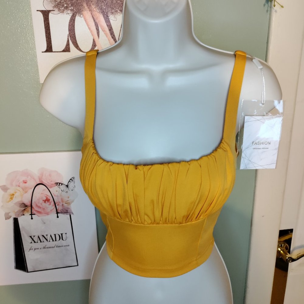 Crop Tank Top Sexy Square Neck Double Lined Ruched Cute Cropped Sleeveless Cami